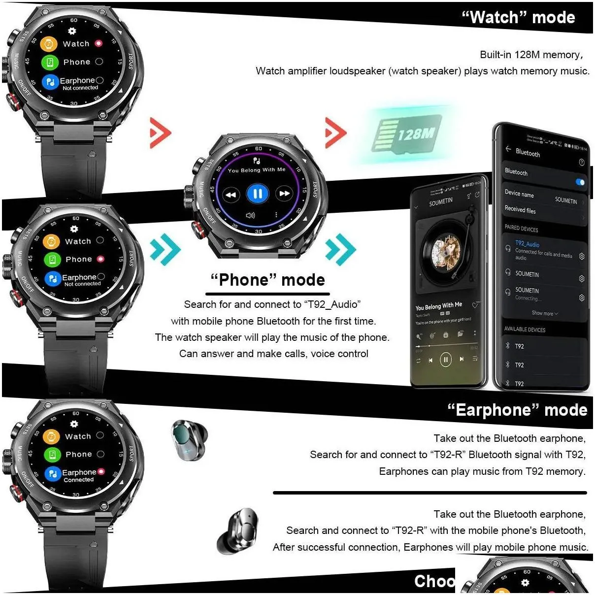 Smart Watches Smart Watch With Earbuds 3 In 1 Round Fitness Tracker T92 1.28Inch Smartwatch For Men Answer/Make Call Recording Sleep M Ot20L
