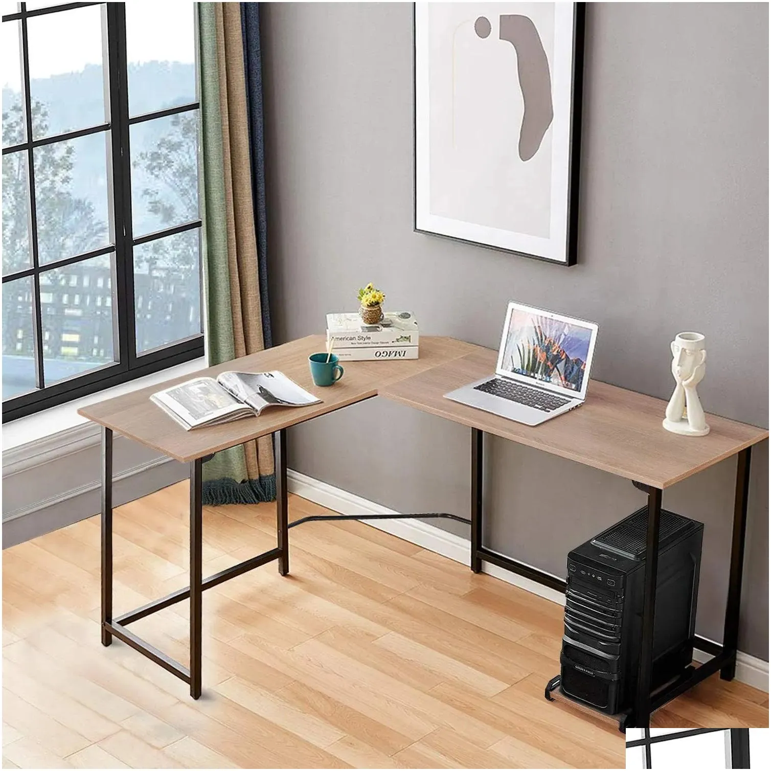 L Shaped Computer Desk with CPU Stand PC Laptop Study Writing Table Workstation for Home Office Wood amp Metal,Walnut,66 34 , Teak