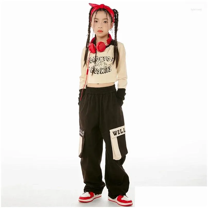 Stage Wear Hip Hop Dance Clothes Girls Suit Long Sleeves Crop Tops Black Pants Jazz Costume Practice Performance Clothing BL11785