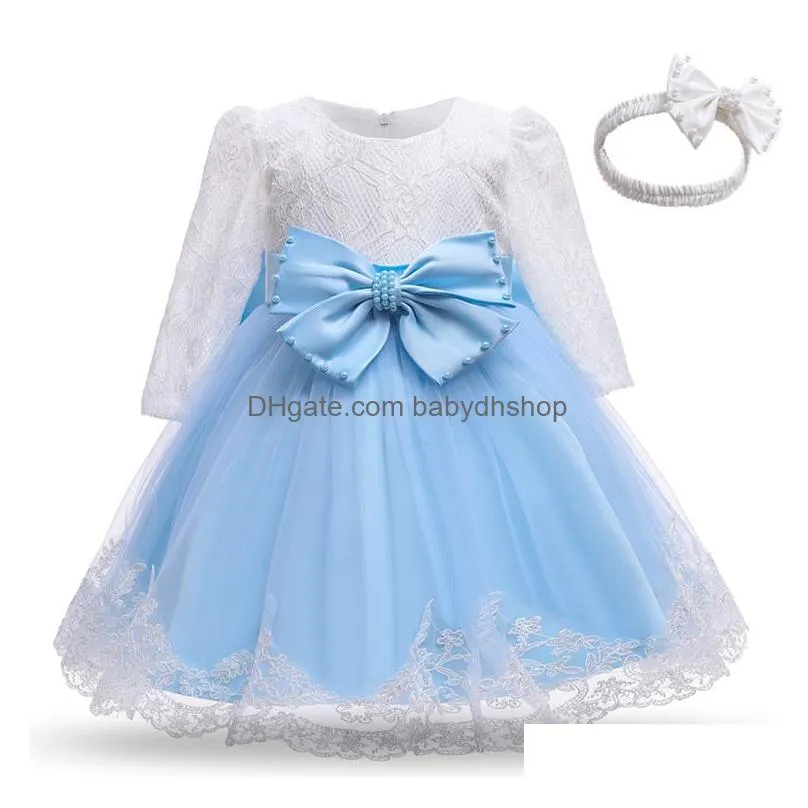 baby infant long-sleeved elegant party birthday christening ball gown lace floral girl dress 201204