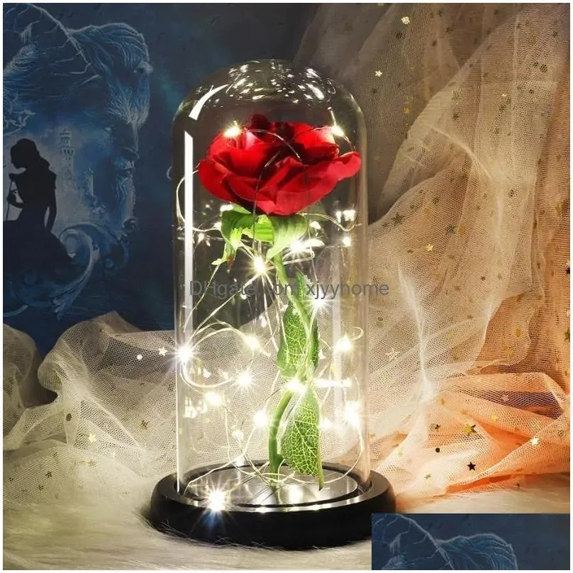 Decorative Flowers & Wreaths Medium Red Rose In A Glass Dome On Wooden Base For Valentine039S Gifts Led Lamps Christmas9439437 Drop De Dhn65