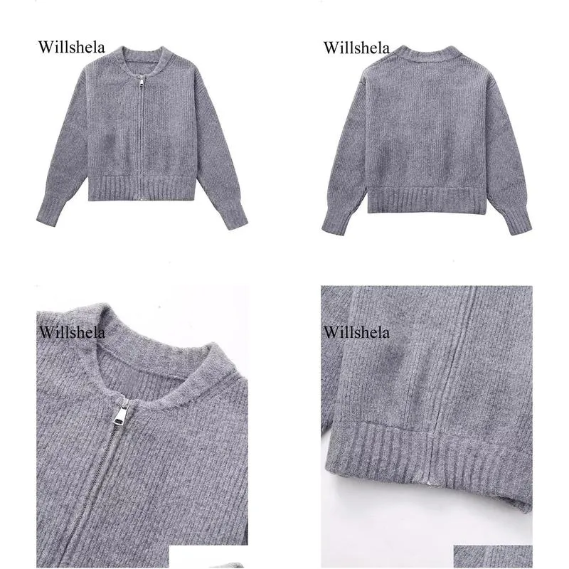 Women`s Sweaters Willshela Women Fashion Grey Front Zipper Knitted Sweater Vintage O Neck Long Sleeves Female Chic Lady Tops Outfits