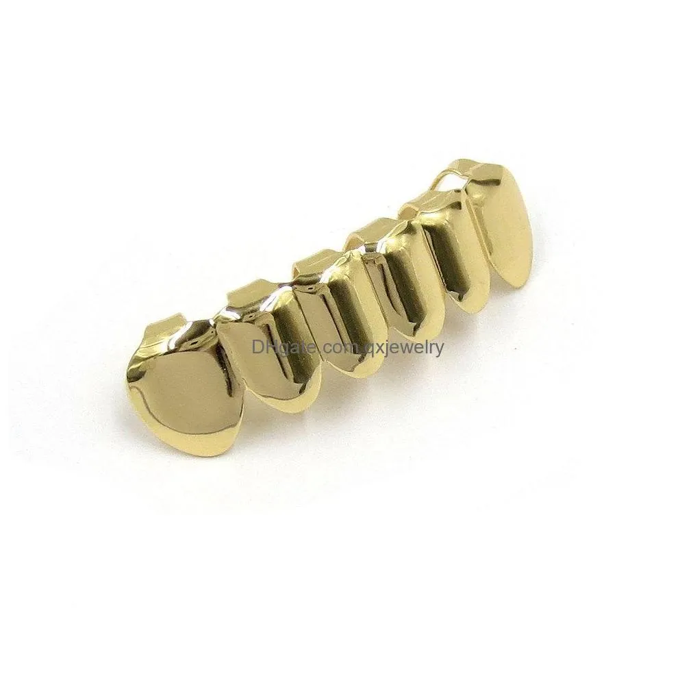 Grillz, Dental Grills 18K Real Gold Grillz Dental Mouth Fang Grills Braces Plain Punk Hiphop Up 2 Bottom 6 Teeth Tooth Cap Cosplay Co Dhx7Q