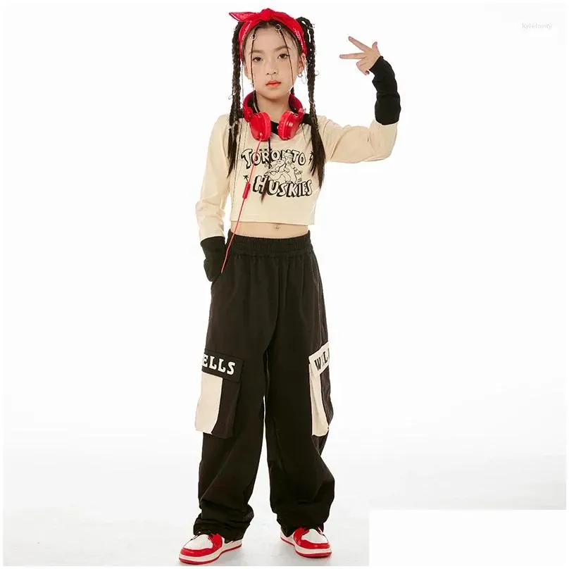 Stage Wear Hip Hop Dance Clothes Girls Suit Long Sleeves Crop Tops Black Pants Jazz Costume Practice Performance Clothing BL11785