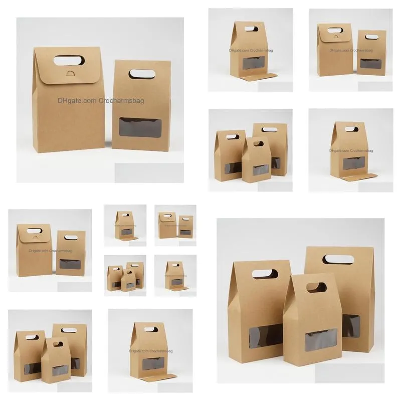 Gift Wrap Diy Paper Packaging Boxes Brown Kraft Handle Box With Clear Window For Gift Wedding Drop Delivery Home Garden Festive Party Dhcrx