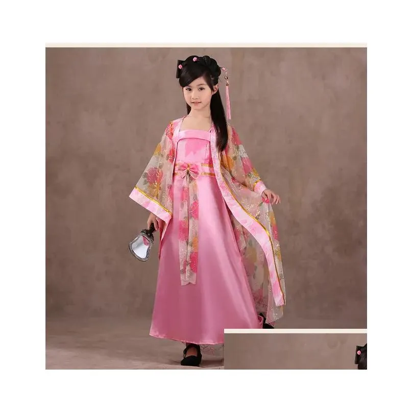 Q228 Children Chinese Traditional Costume Girl Princess Royal Dance Dress Ancient Tang Dynasty Costume Kids Hanfu National Costume 8