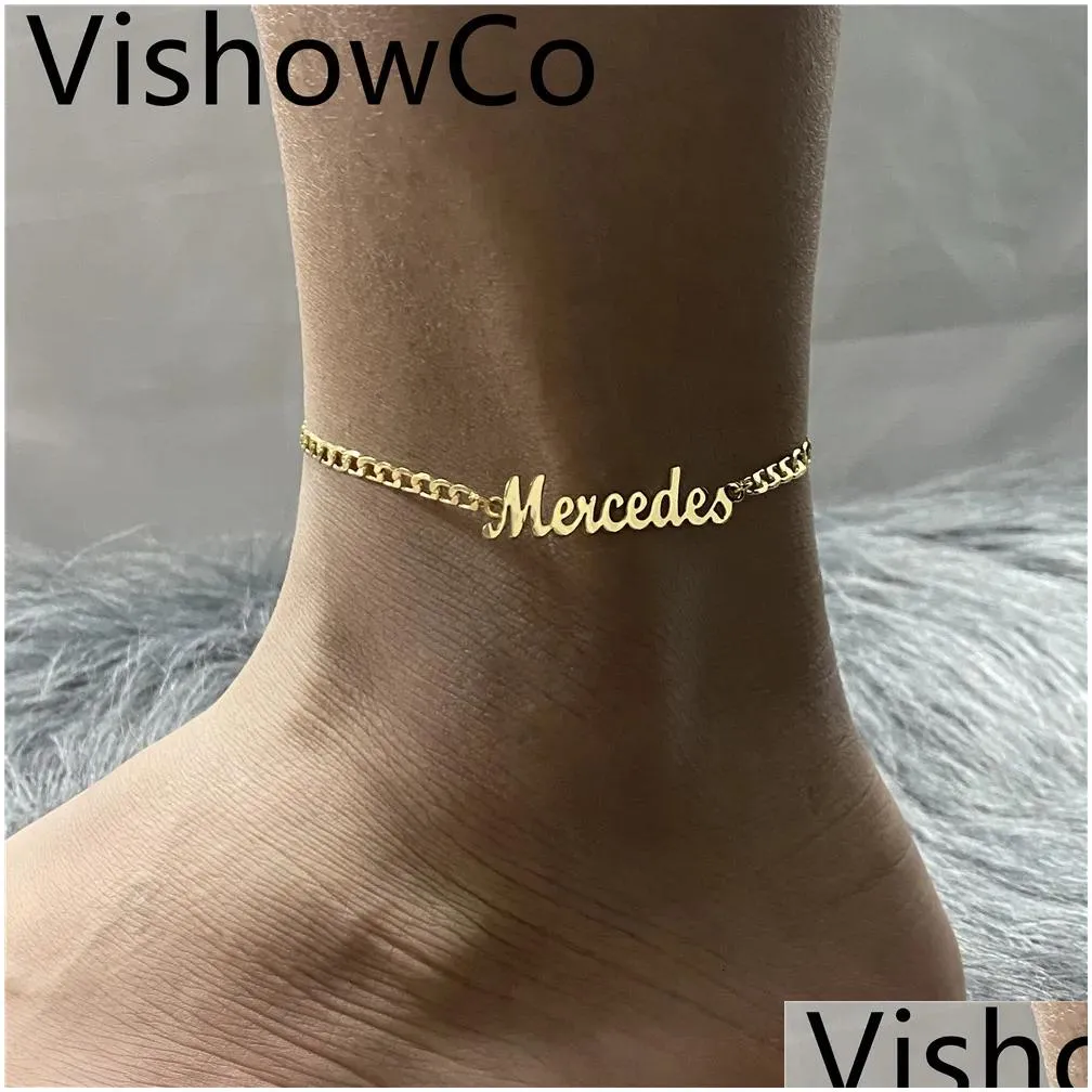 Anklets Customized Name Anklet For Women Personalized Gold Color Stainless Steel Jewelry Custom Nameplate Bracelet With Drop Delivery Dhkaf