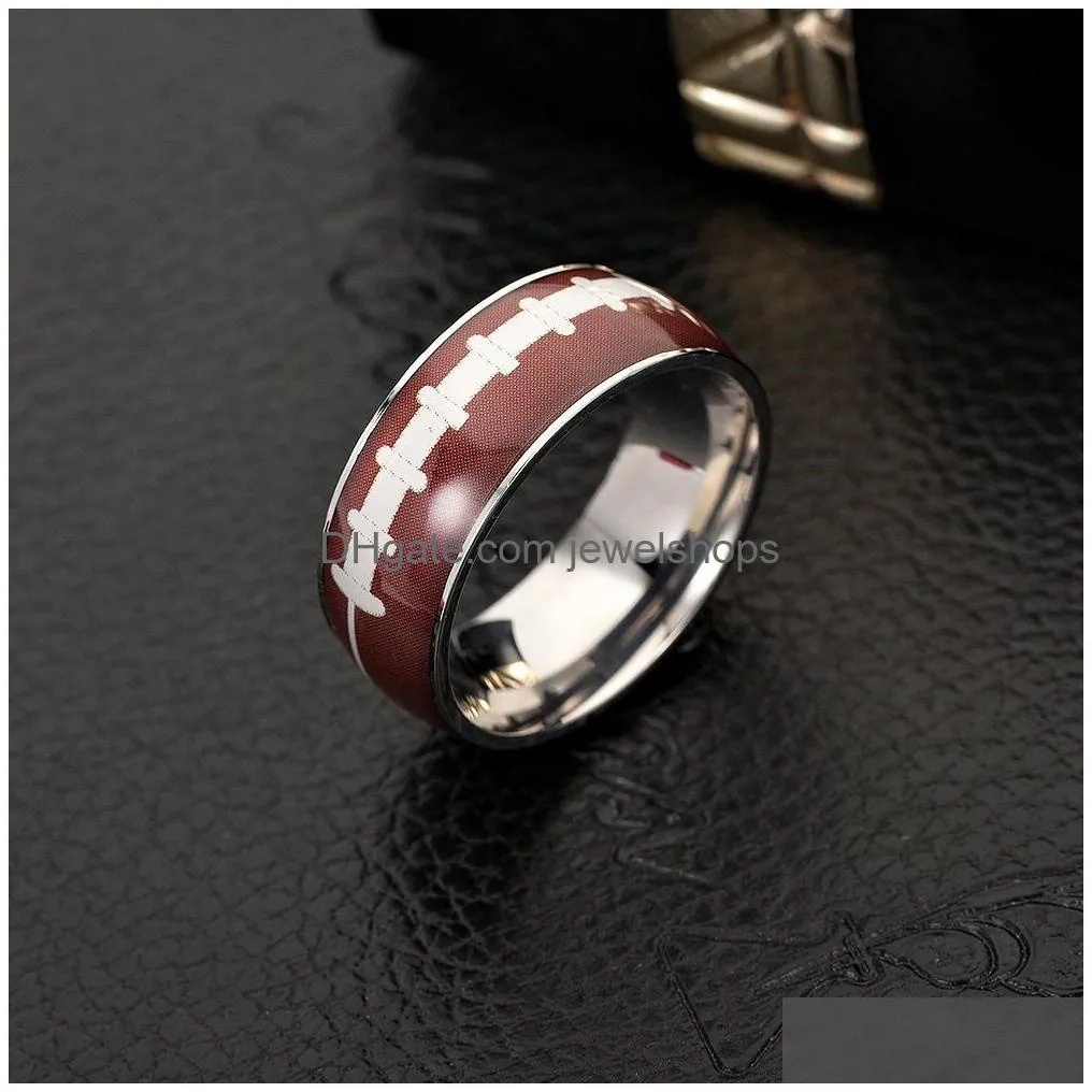 Band Rings New Football Basketball Sports Rings For Women Men Baseball Softball Rugby Stainless Steel Finger Fashion Jewelry Gift Dro Dhstw