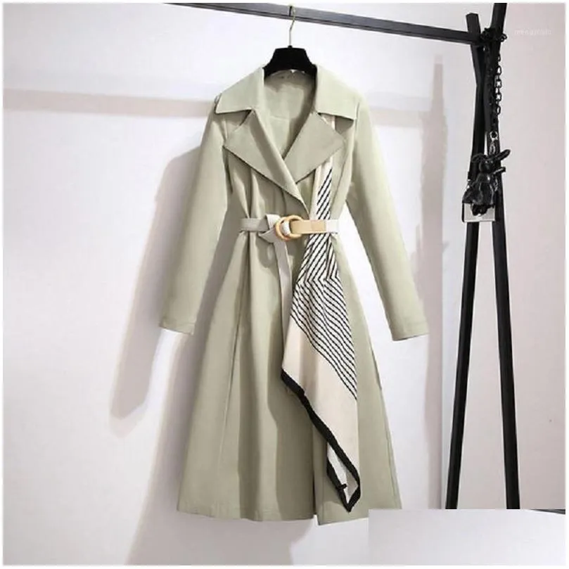Women`s Trench Coats AIRGRACIAS Winter Woman 2021 Unique Silk Scarf Design With Belt Chic Coat Casual Light Green Temperament