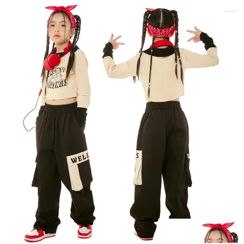 Stage Wear Hip Hop Dance Clothes Girls Suit Long Sleeves Crop Tops Black Pants Jazz Costume Practice Performance Clothing BL11785