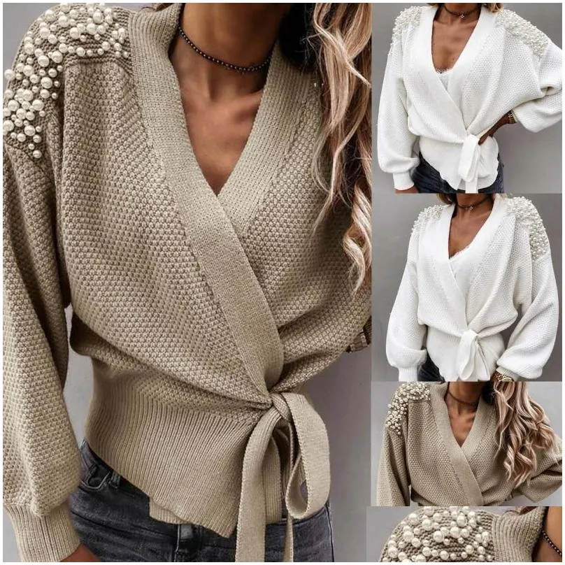 Fashion Women Ladies Long Sleeve V-neck Bowknot Pearl Pure Colors Waist Knitted Lace-Up Cardigan Sweater Casual Pullover Tops#g3 Women`s