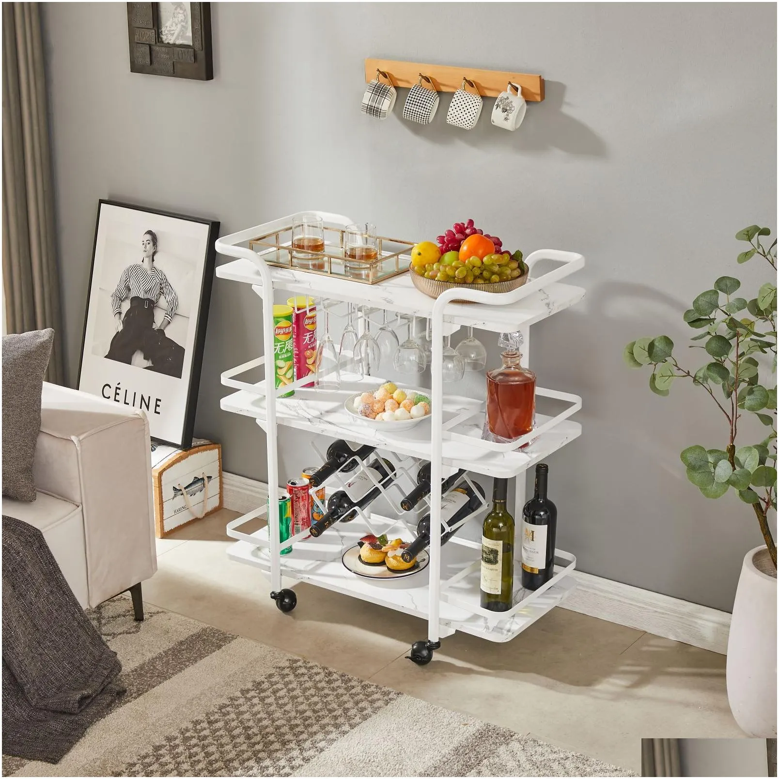 Drinks Trolley Cart with Rolling Wheels Luxury Hotel Serving Cart with Wine and Glass Holders Bar Carts for Home,white