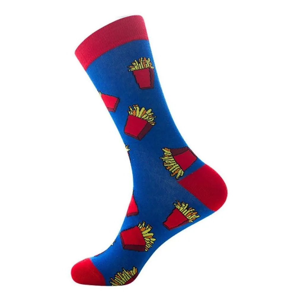 Colorful Cotton Mens Socks Funny Food Cake Geometric French Fries Happy Pizza Skate Harajuku Graphic Socks for Christmas