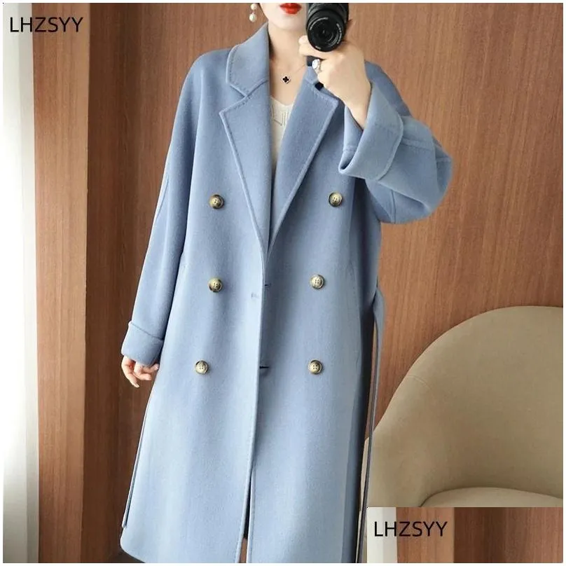 Women`s Wool Blends LHZSYY Doublesided Woolen Cashmere Coat Ladies 23Winter Cardigan Laced Loose OverTheKnee Jacket Highend Long