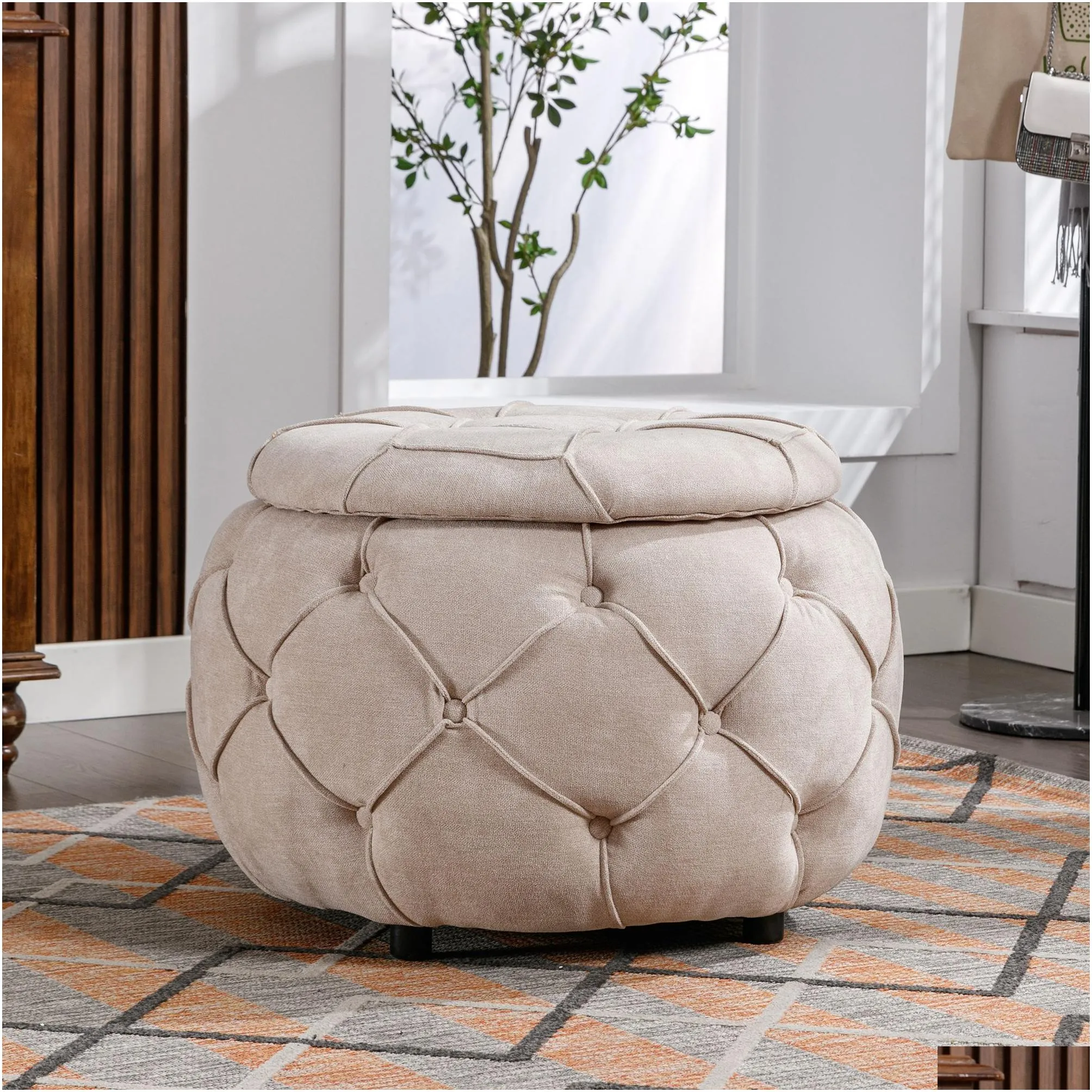 Large Button Tufted Woven Round Storage Footstool,Suitable for living room, bedroom,beige