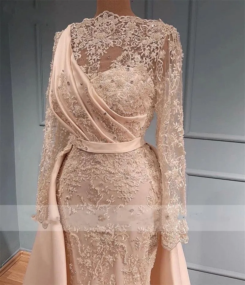 2024 Evening Dresses Wear Blush Pink For Women Long Sleeves Lace Crystal Beads Mermaid Formal Event Gowns Special Occasion Dresses Prom Party Dress Overskirts