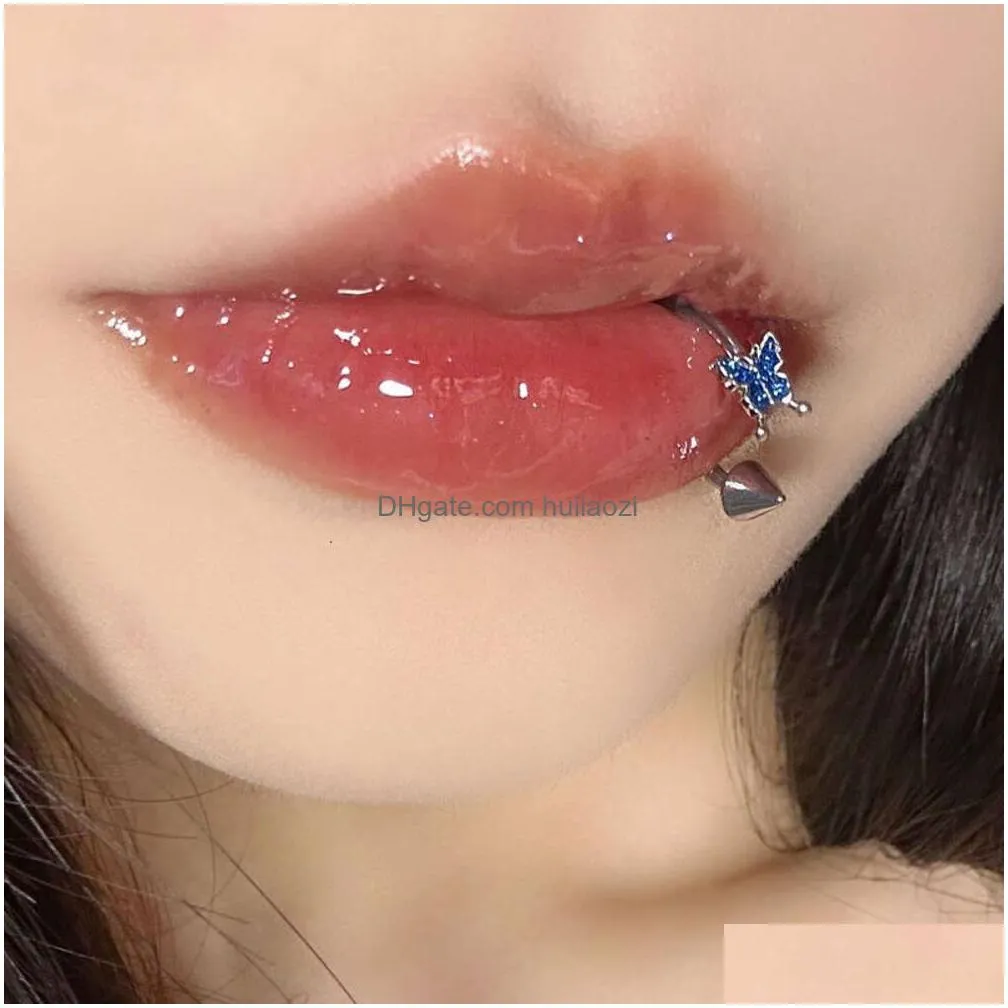 little bear grasping butterfly titanium steel ring spicy girl lip nail instagram sweet cool pure desire style small crowd piercing