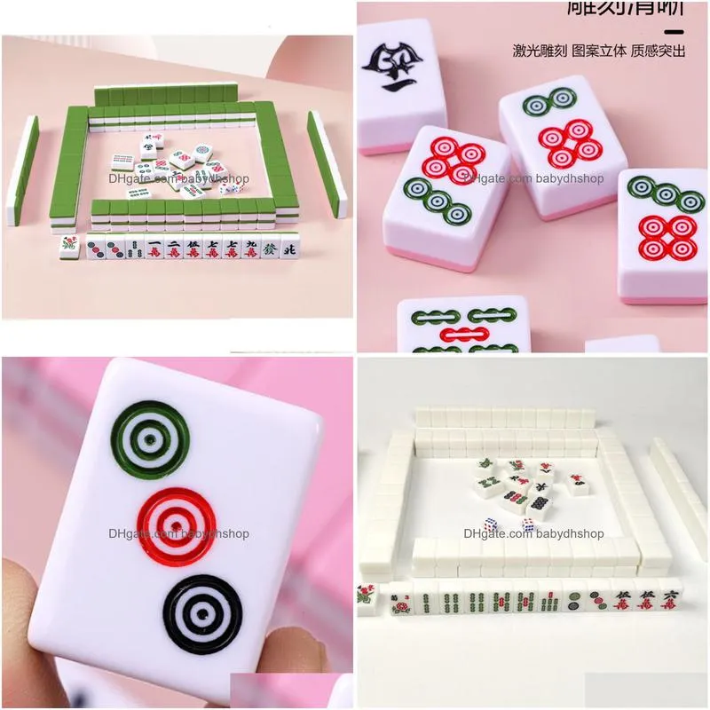 puzzles mini mahjongs board game set 144pcs tile classic traditional chinese dominos travel pink 230621