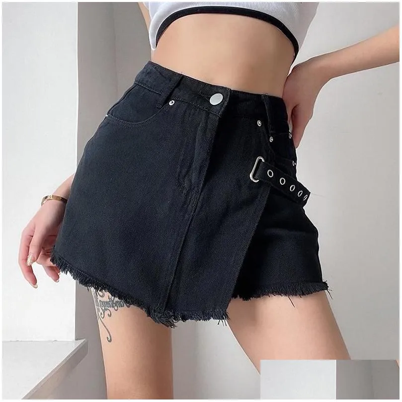 Black Goth Bandage Mini Denim Shorts Skirt Vintage Y2k Gothic Fringe Jeans Punk Lolita Kawaii High Waist Women Skirts