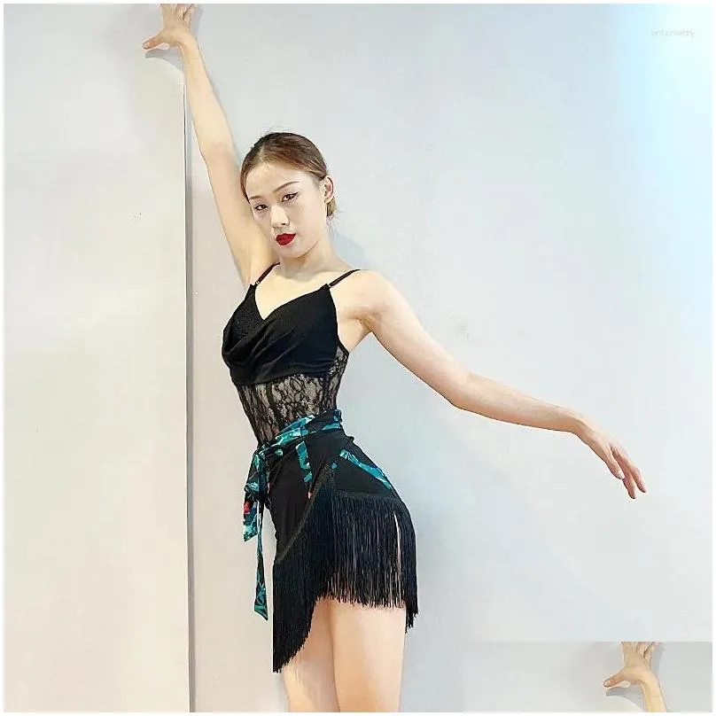 Stage Wear 2023 Latin Dance Practice Clothes Black Sexy Tops Irregular Skirt Suit Chacha Rumba Tango Adult Set