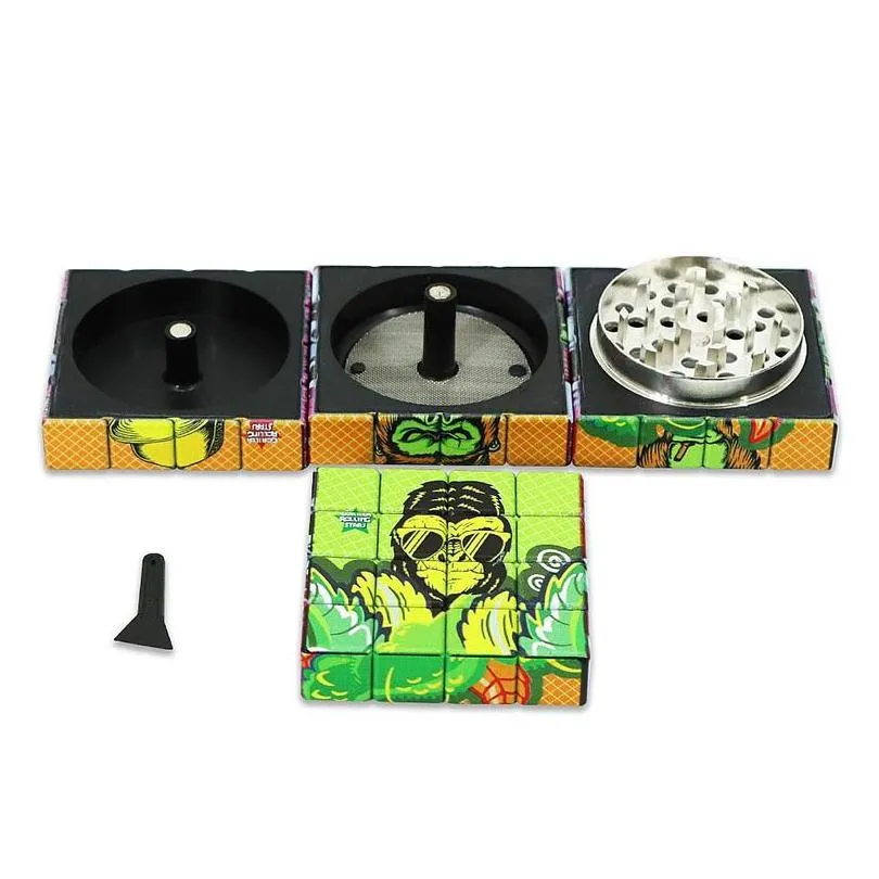 Herb Grinder Smoke Chromium Crusher Cnc Teeth Wee Grinder 60Mm 4 Layer Magic Cube Herb Girnder Cigarette Mill Pattern Plastic Metal Se Dhxen