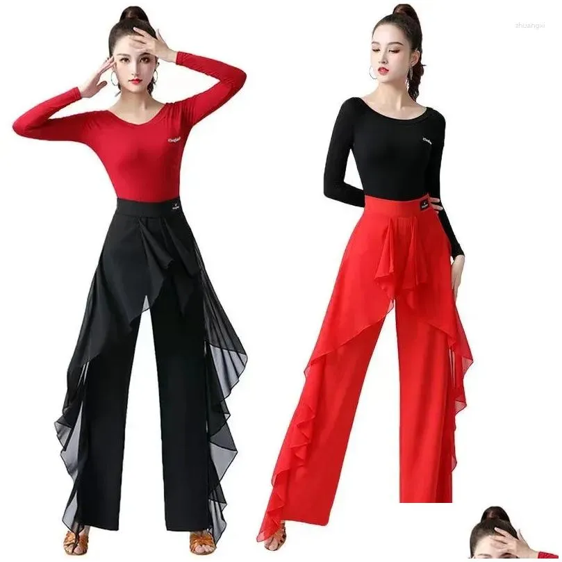 Stage Wear Latin Dance Pants Practice Ballroom Wide-Leg Modern Women`s High Waist Ruffle Wide 5XL