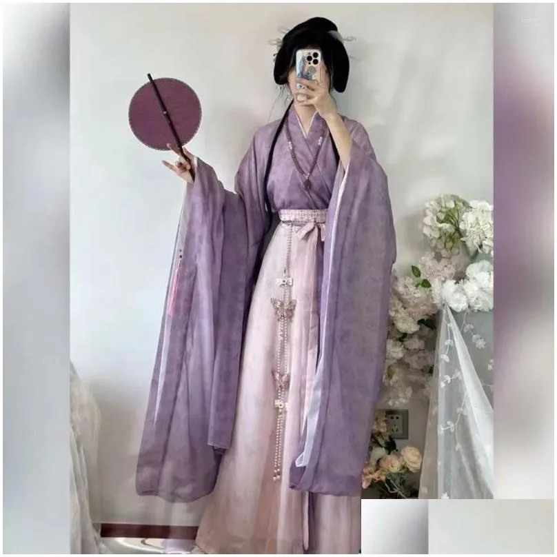 Stage Wear 4pcs Halloween Costumes For Women Hanfu Set Kimono Shirt Pleated Skirt Gradual Ancient Clothing Chinese Folk Dance
