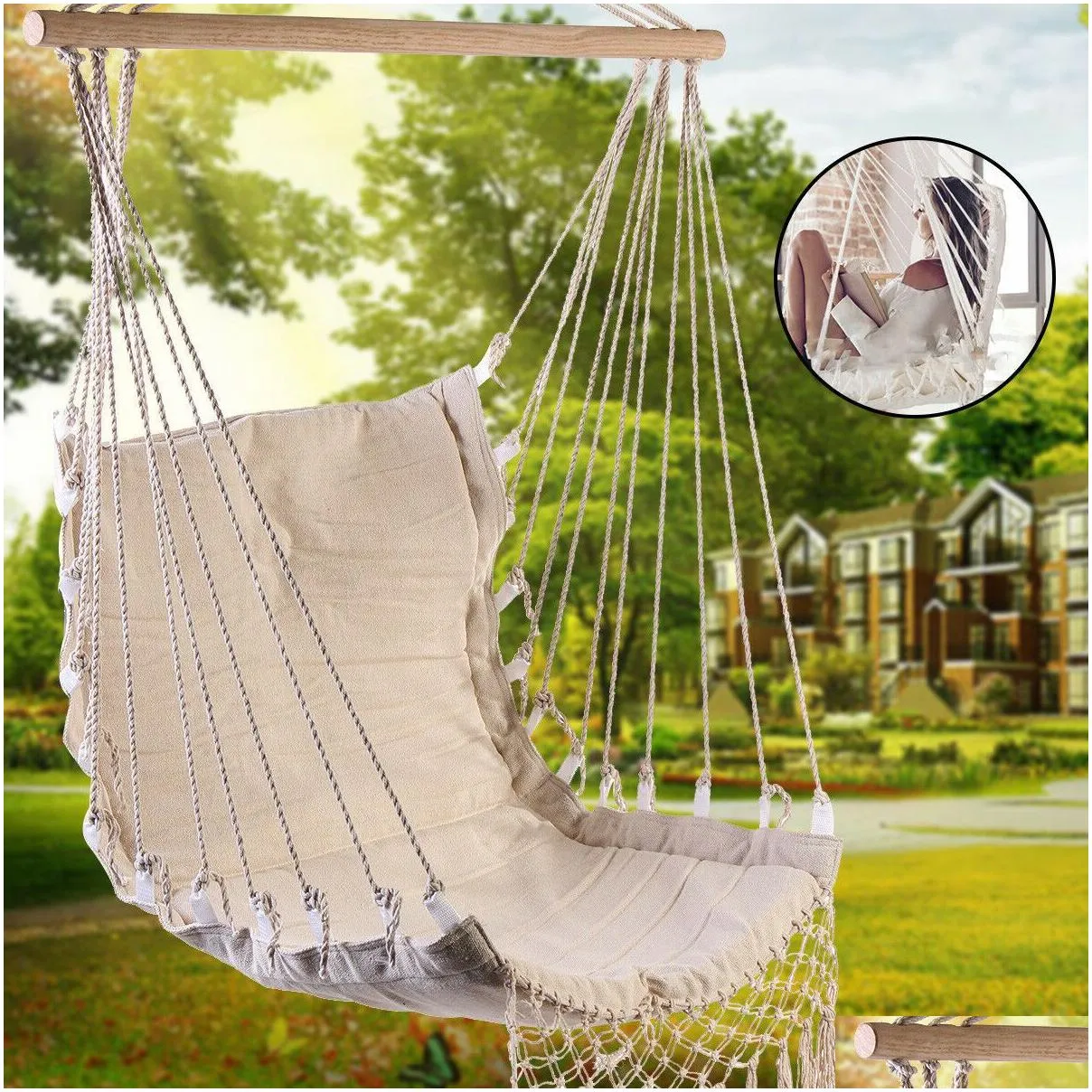 Canvas Swing Hanging Hammock Cotton Rope Tassel Tree Chair Seat Patio Outdoor Indoor Garden Bedroom Safety Y200327