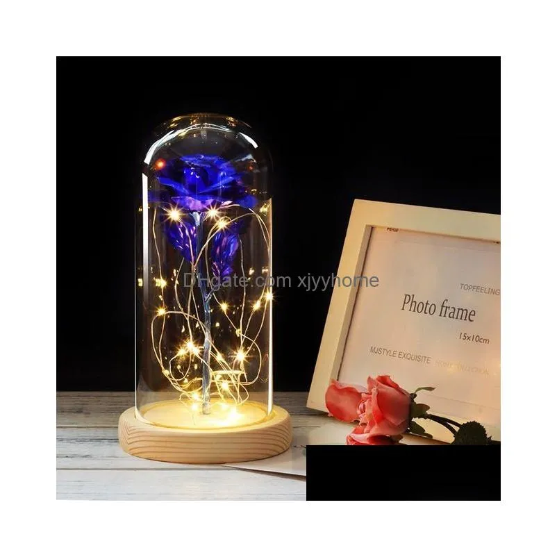 Decorative Flowers & Wreaths Medium Red Rose In A Glass Dome On Wooden Base For Valentine039S Gifts Led Lamps Christmas9439437 Drop De Dhn65