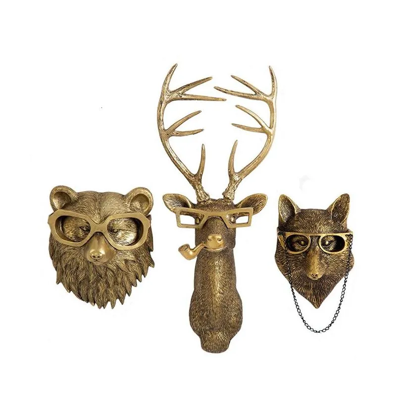 Garden Decorations Antique Bronze Resin Animal Pendant Golden Deer Head Wall Storage Hook Up Background Accessories Decorative Figuri Dh1Fl