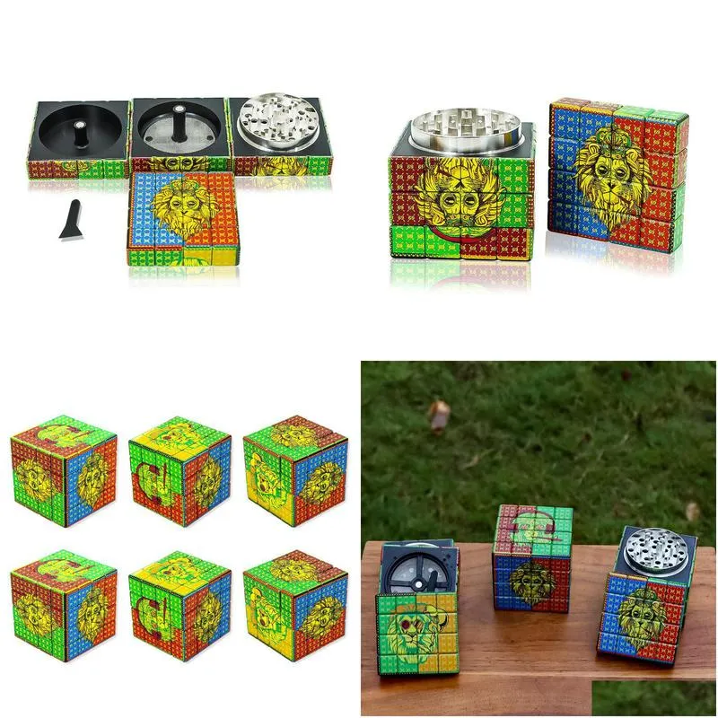 Herb Grinder Smoking Accessories Chromium Crusher Grinder Cnc Teeth 60Mm 4 Layer Magic Cube Metal Mtiple Patterns Herb Bong Drop Deliv Dhtlv