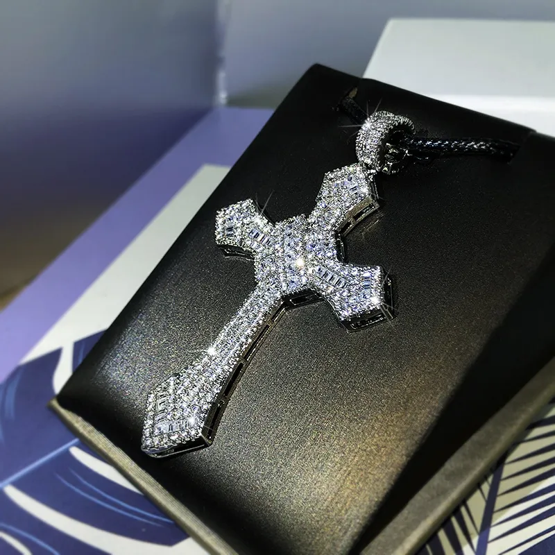 Fashion designer Mosan Diamond Stone Cross Pendants Necklace Platinum Plated Men Women Lover moissanite Necklace Jewelry Gift Religious