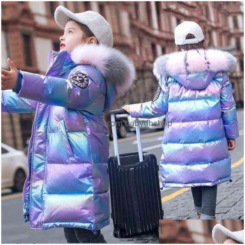 winter down jacket for girls coat waterproof shiny hooded children outerwear clothing 5-14 year teenage kids parka snowsuit 211111