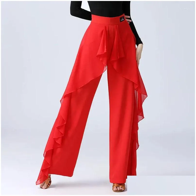 Stage Wear Latin Dance Pants Practice Ballroom Wide-Leg Modern Women`s High Waist Ruffle Wide 5XL