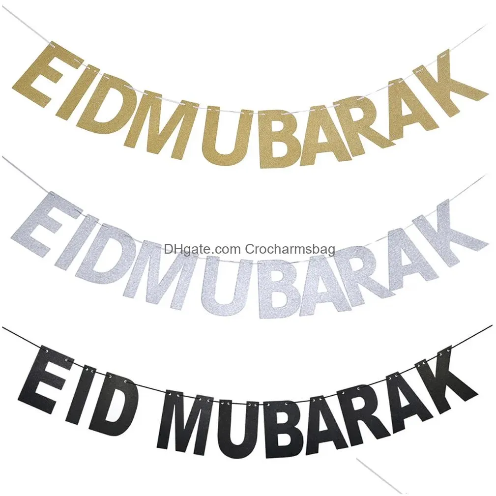 Other Festive & Party Supplies Gold Sier Black Eid Banner Glitter Paper Garland Mubarak Party Muslim Festival Bunting Ramadan Drop Del Dhtle