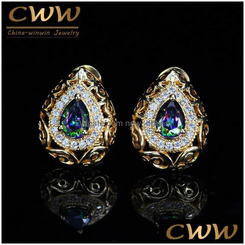 Stud Mystical Fire Crystal Jewelry Hollow Out Yellow Gold Color Oval Cubic Zirconia Earrings For Women Cz358 210714 Drop Delivery Jew Dhjtw