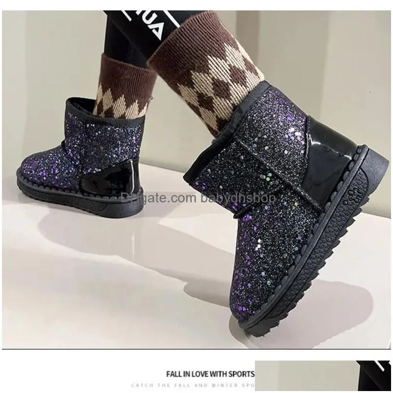 boots princess thick velvet toddler fashion sneaker plush warm kids snow winter childrens girls sequined cotton shoe 231117
