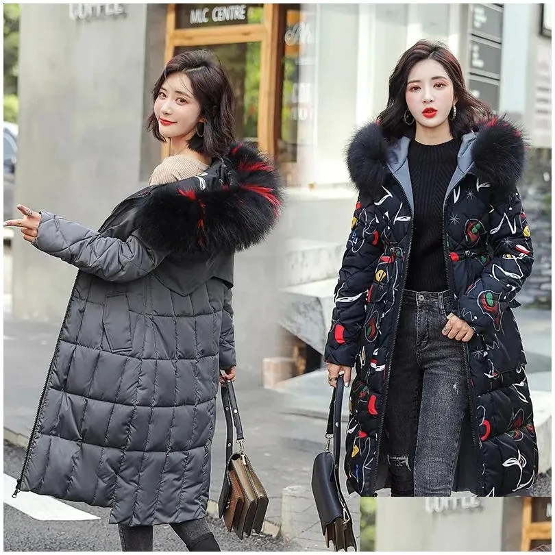 Women`s Down Parkas Womens Winter Jacket Women Warm Long Print Hooded Faux Fur Coat Cotton Padded Female Two Sides Outwear 231116