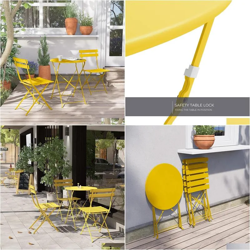 SR Steel Patio Bistro Set, Folding Outdoor Patio Furniture Sets, 3 Piece Patio Set of Foldable Patio Table and Chairs,mango yellow
