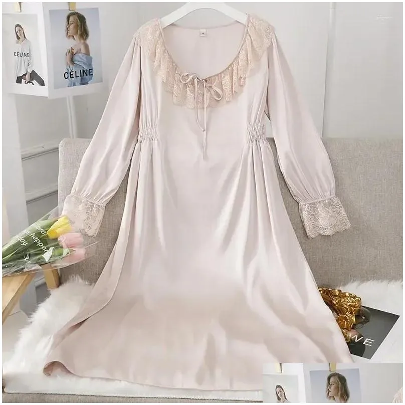 Women`s Sleepwear Sleeve Nightdress Nightwear Collar Purple Nightgown Satin Vintage Lace Elegant Homedress Femme Lingerie Long Rayon