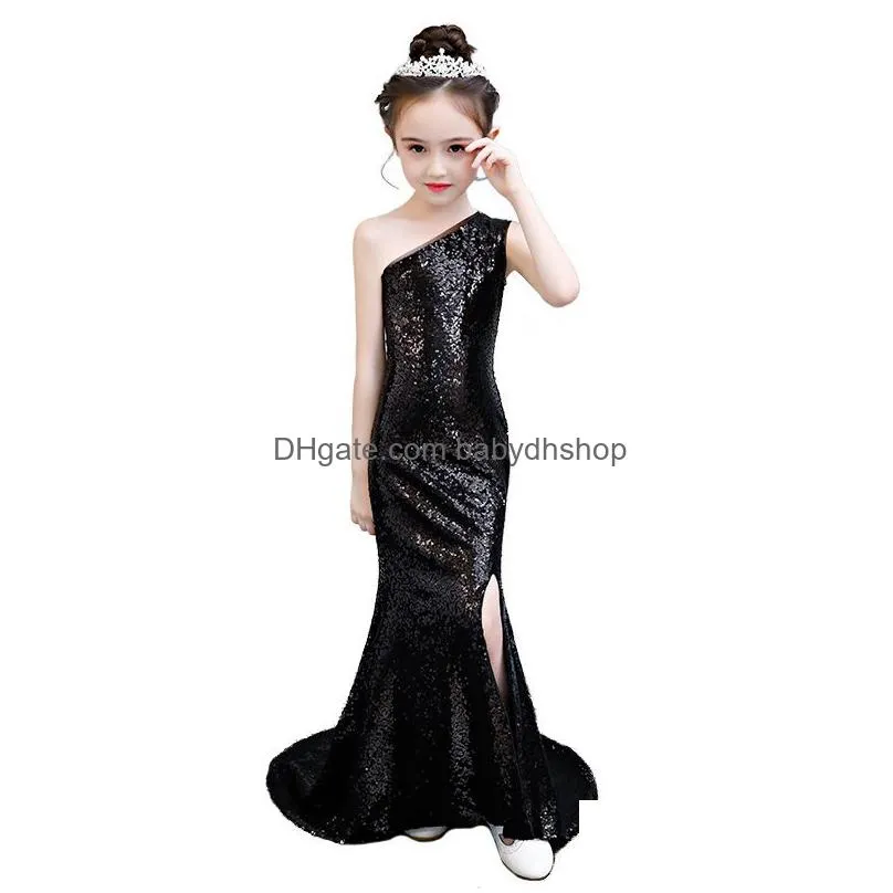 black sequin mermaid dress age for 3-14 yrs teenage girls one-shoulder vintage noble graduation gowns evening party kids frocks 201204