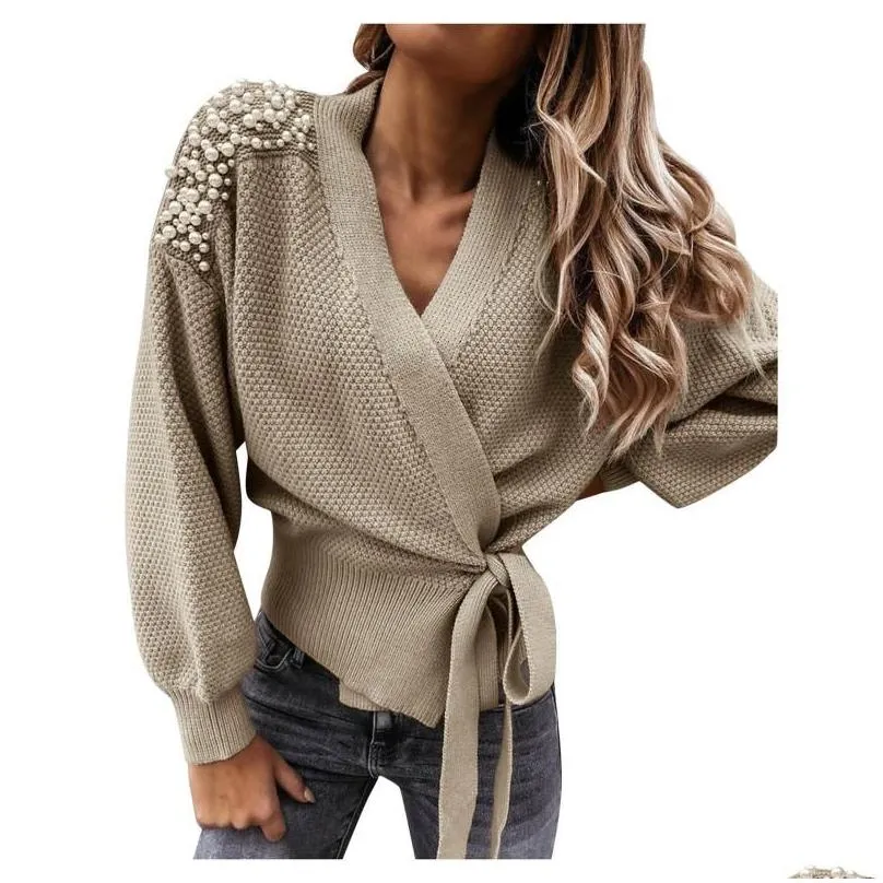 Fashion Women Ladies Long Sleeve V-neck Bowknot Pearl Pure Colors Waist Knitted Lace-Up Cardigan Sweater Casual Pullover Tops#g3 Women`s