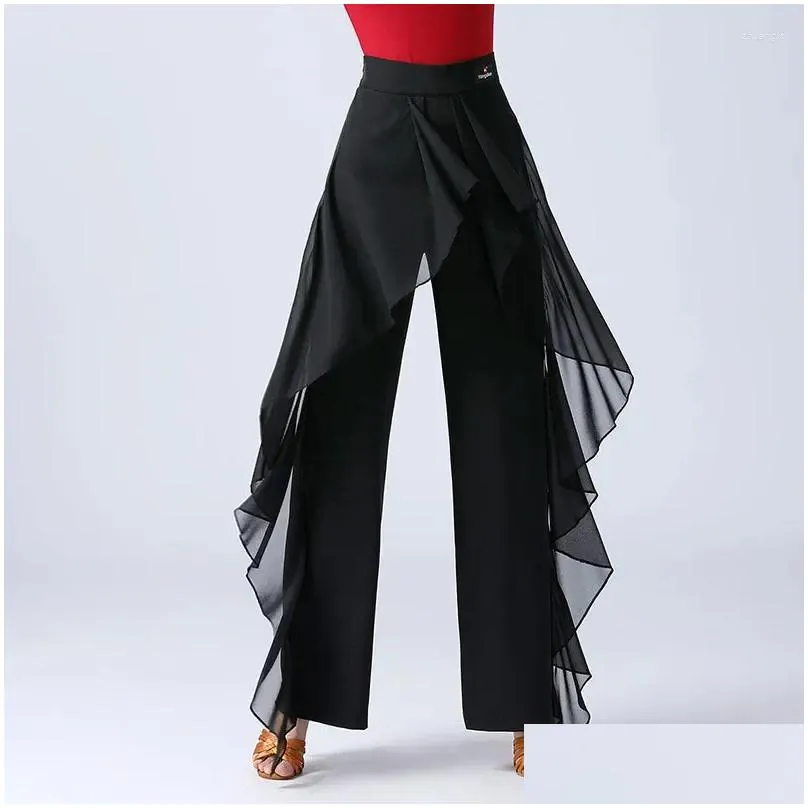 Stage Wear Latin Dance Pants Practice Ballroom Wide-Leg Modern Women`s High Waist Ruffle Wide 5XL