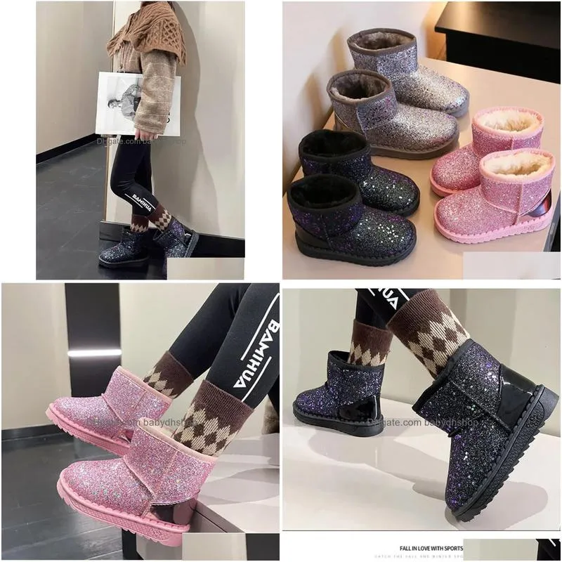 boots princess thick velvet toddler fashion sneaker plush warm kids snow winter childrens girls sequined cotton shoe 231117