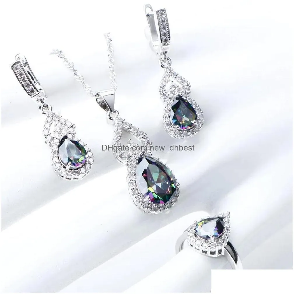 Wedding Jewelry Sets Natural Rainbow Jewelry Sets 925 Sterling Sier Wedding Earrings For Women Stones Bracelet Necklace Rings Set Gif Dh5Rk