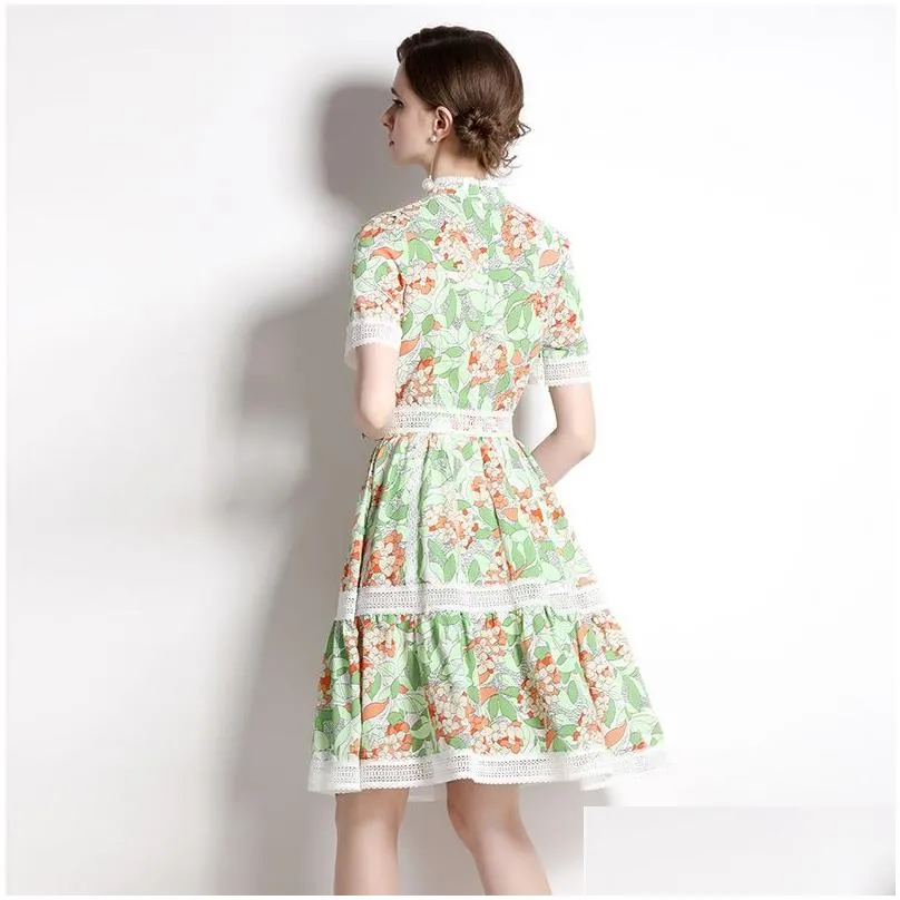 2022 Summer Boutique Womens Floral Dress Short Sleeve Retro Ruffle Dress High-end Fashion Lady Printed Dresses Office Runway Dresses