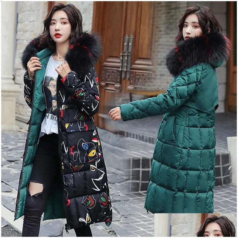 Women`s Down Parkas Womens Winter Jacket Women Warm Long Print Hooded Faux Fur Coat Cotton Padded Female Two Sides Outwear 231116