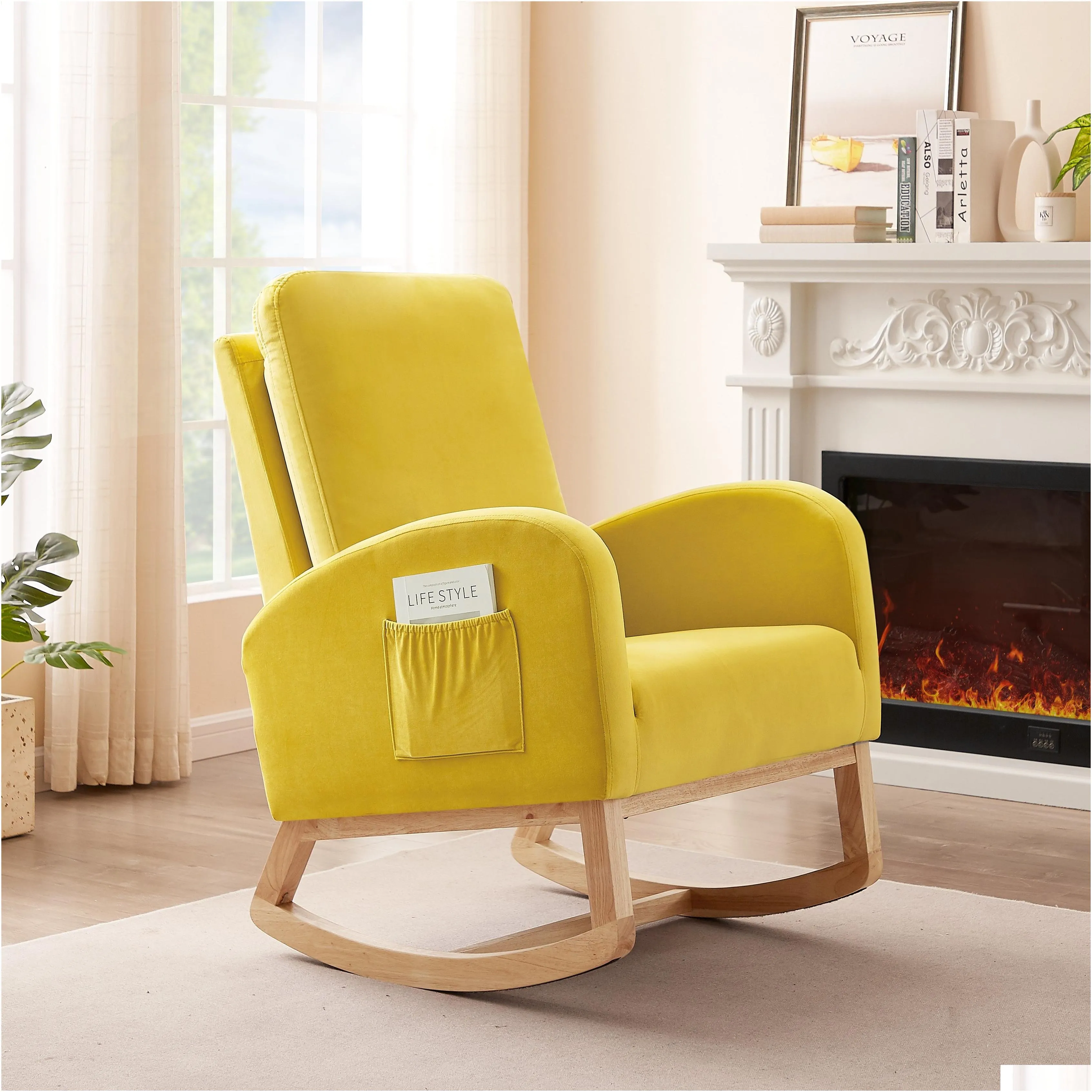 Rocking Chair Mid-Century Modern Rocking Armchair Upholstered Tall Back Accent Glider Rocker,Yellow