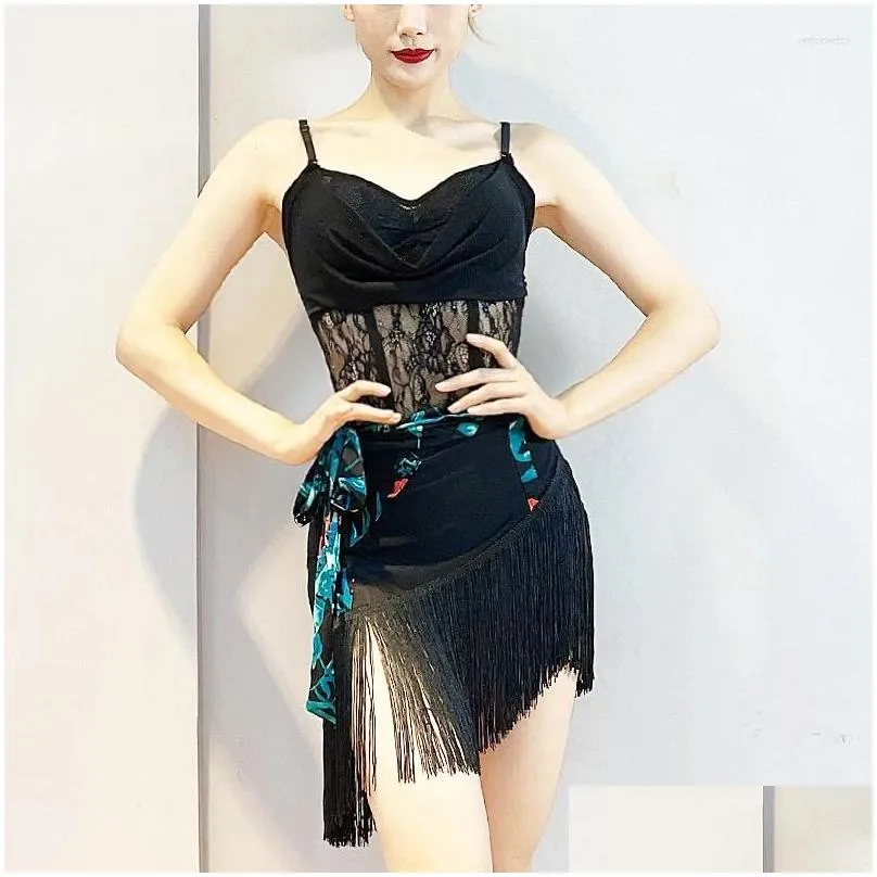 Stage Wear 2023 Latin Dance Practice Clothes Black Sexy Tops Irregular Skirt Suit Chacha Rumba Tango Adult Set