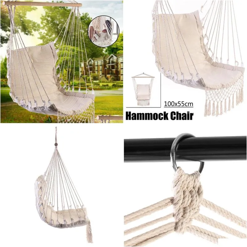 Canvas Swing Hanging Hammock Cotton Rope Tassel Tree Chair Seat Patio Outdoor Indoor Garden Bedroom Safety Y200327
